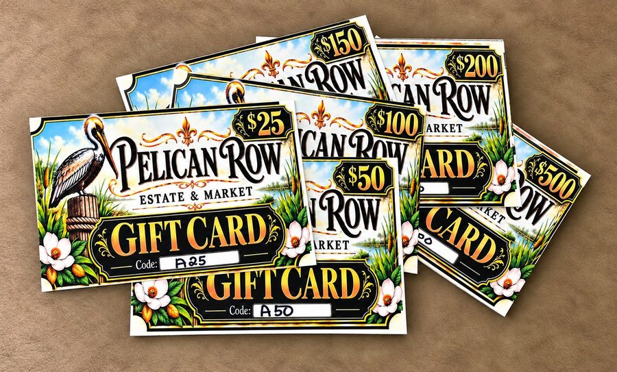 A fan of Pelican Row Estate and Market gift cards in $25, $50, $100, $150, $200 and $500, each printed with a pelican, magnolias and marsh grass.