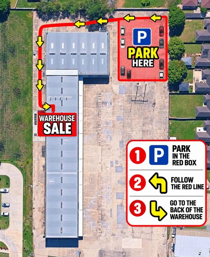 Parking map: park in the red box at the front of the lot, follow the red line along the side of the building, and go to the warehouse sale entrance at the back.