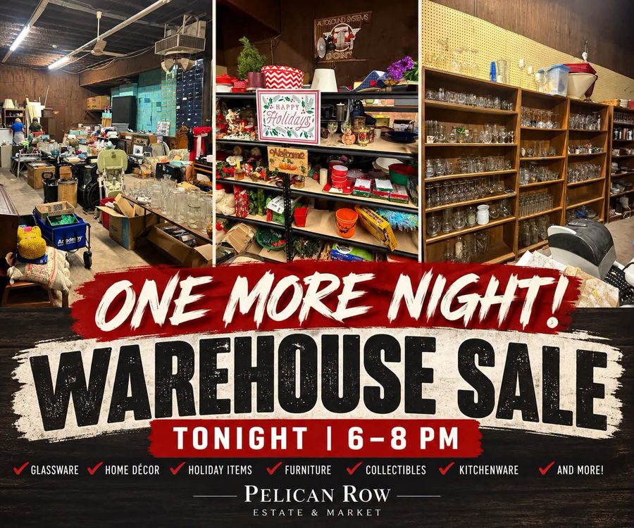 Flyer: One More Night, Warehouse Sale, tonight 6 to 8pm, with glassware, home decor, holiday items, furniture, collectibles and kitchenware