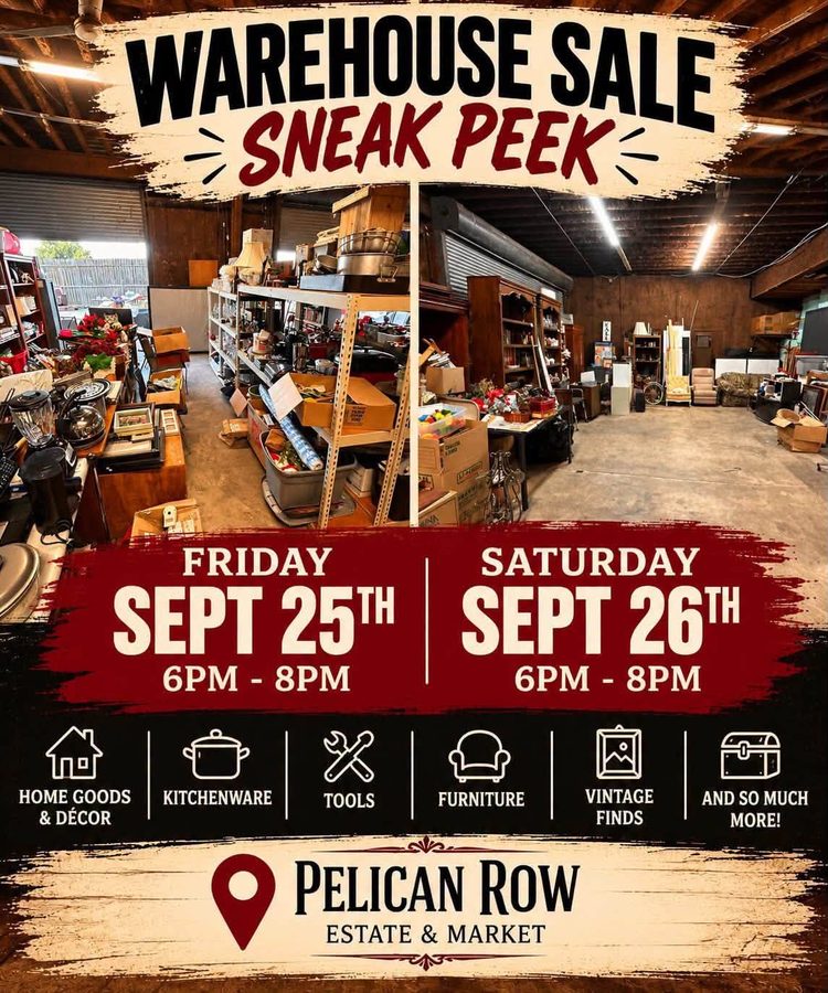 Flyer: Warehouse Sale Sneak Peek, Friday 25th and Saturday 26th September, 6pm to 8pm, with home goods and decor, kitchenware, tools, furniture and vintage finds